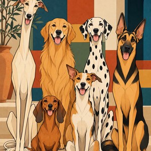 Six Dogs in a Mediterranean Courtyard — unframed fine art print. Frames and room accessories are not included.