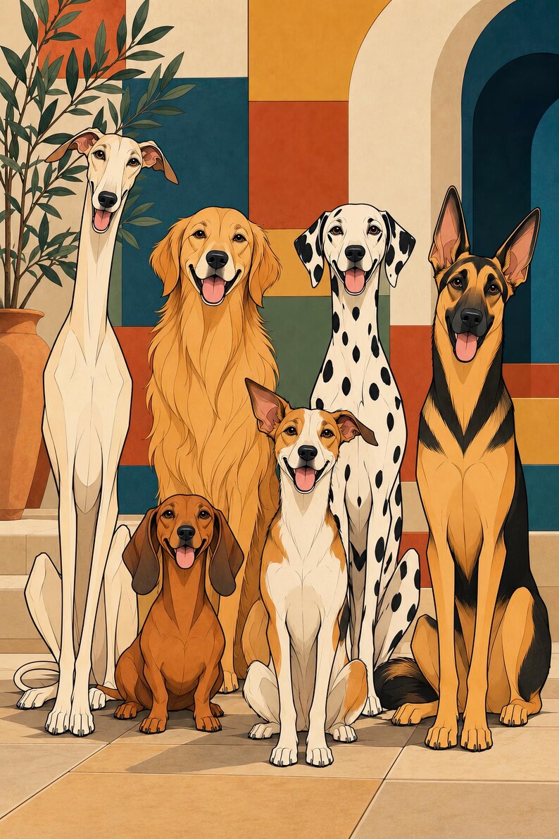 Six Dogs in a Mediterranean Courtyard — unframed fine art print. Frames and room accessories are not included.