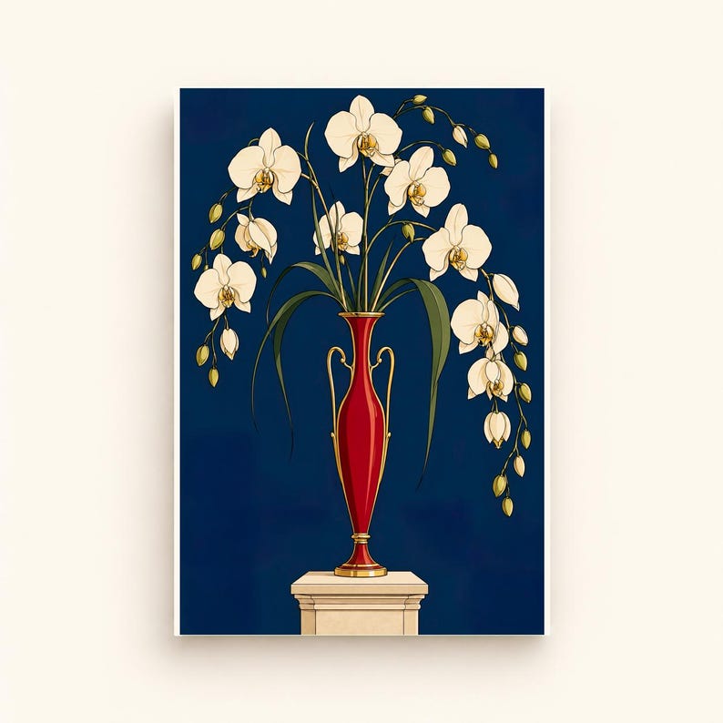 White Orchids in a Colourful Vase — digital illustration shown as a display example. No physical item, frame or props included.
