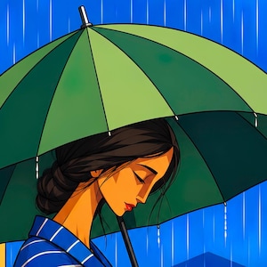 May include: A large green umbrella held over a person with dark hair styled in a bun, wearing a blue shirt with white stripes. The scene depicts a rainy day with a bright blue sky, red and yellow architectural elements, and falling rain.