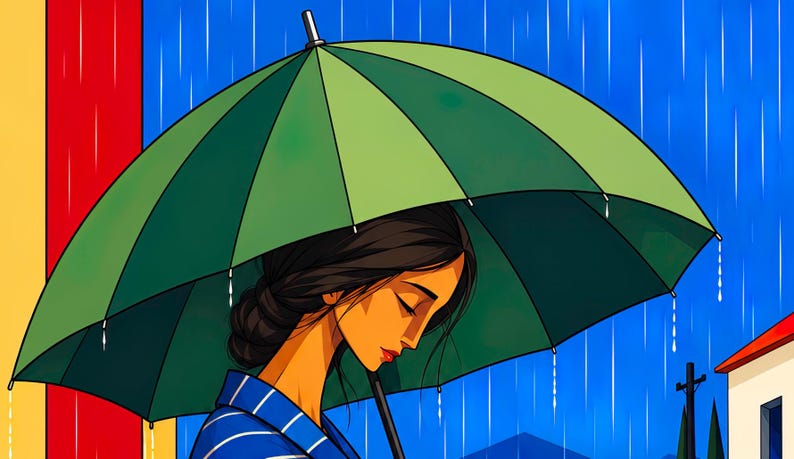 May include: A large green umbrella held over a person with dark hair styled in a bun, wearing a blue shirt with white stripes. The scene depicts a rainy day with a bright blue sky, red and yellow architectural elements, and falling rain.
