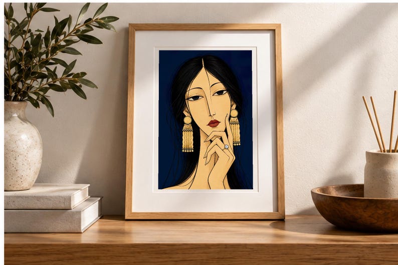 Woman with Golden Jewellery — digital illustration shown as a display example. No physical item, frame or props included.