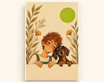 May include: A digital illustration featuring a person with messy brown hair and round glasses wearing green overalls, standing next to a brown and black dachshund. The scene includes tall yellow floral stalks and a solid green circle.