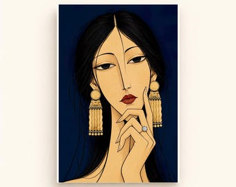Woman with Golden Jewelery Printable Wall Art, Colorful Digital Download, A4 A5 and 2:3 JPG Files