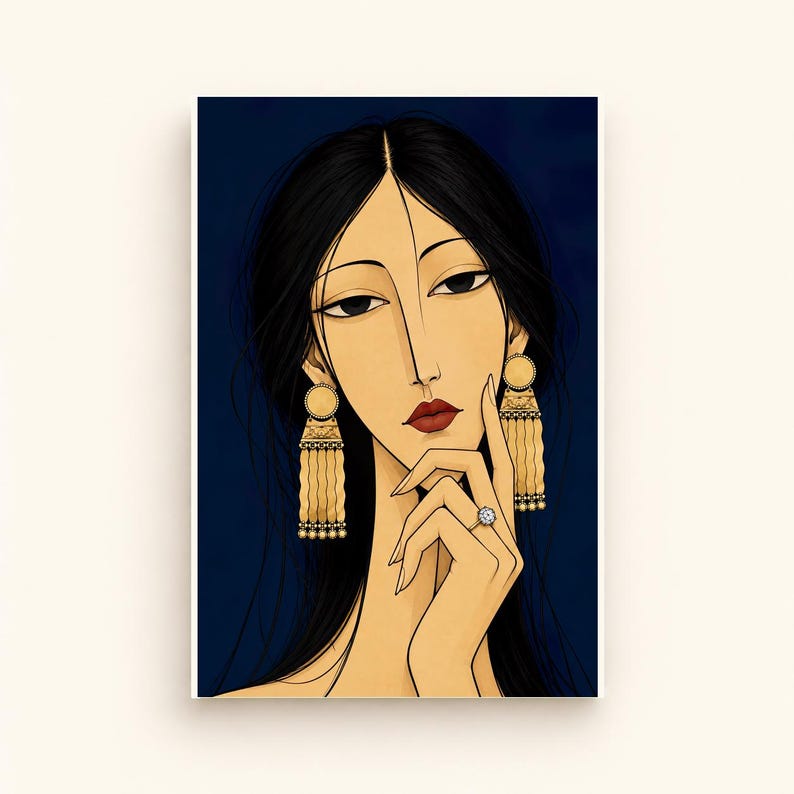Woman with Golden Jewellery — digital illustration shown as a display example. No physical item, frame or props included.