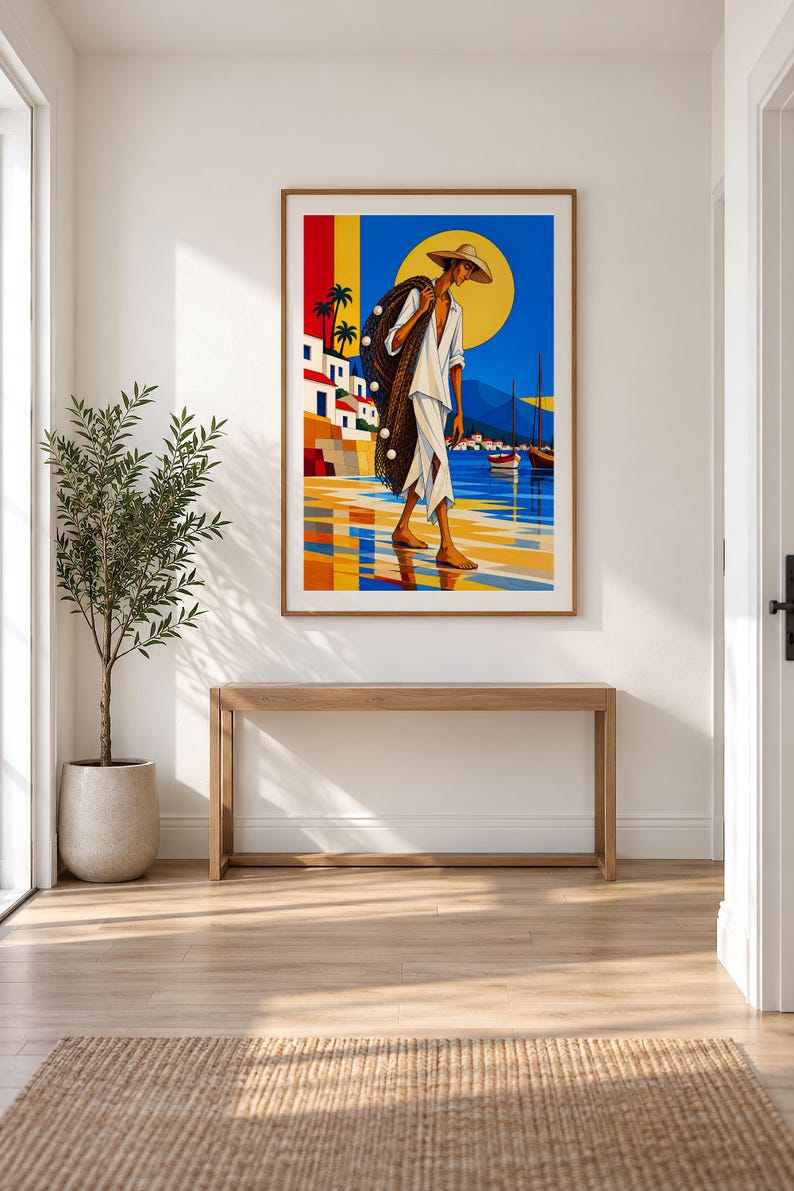 Fisherman by the Mediterranean Sea — unframed fine art print. Frames and room accessories are not included.