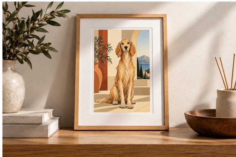 Mediterranean Golden Retriever — digital illustration shown as a display example. No physical item, frame or props included.
