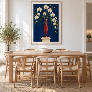 White Orchids in a Colourful Vase — unframed fine art print. Frames and room accessories are not included.