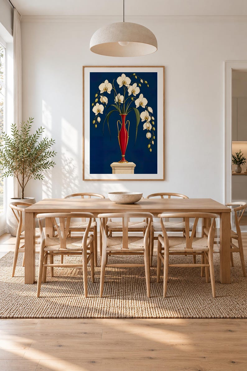 White Orchids in a Colourful Vase — unframed fine art print. Frames and room accessories are not included.