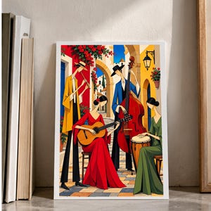 Musicians in a Mediterranean Courtyard — digital illustration shown as a display example. No physical item, frame or props included.