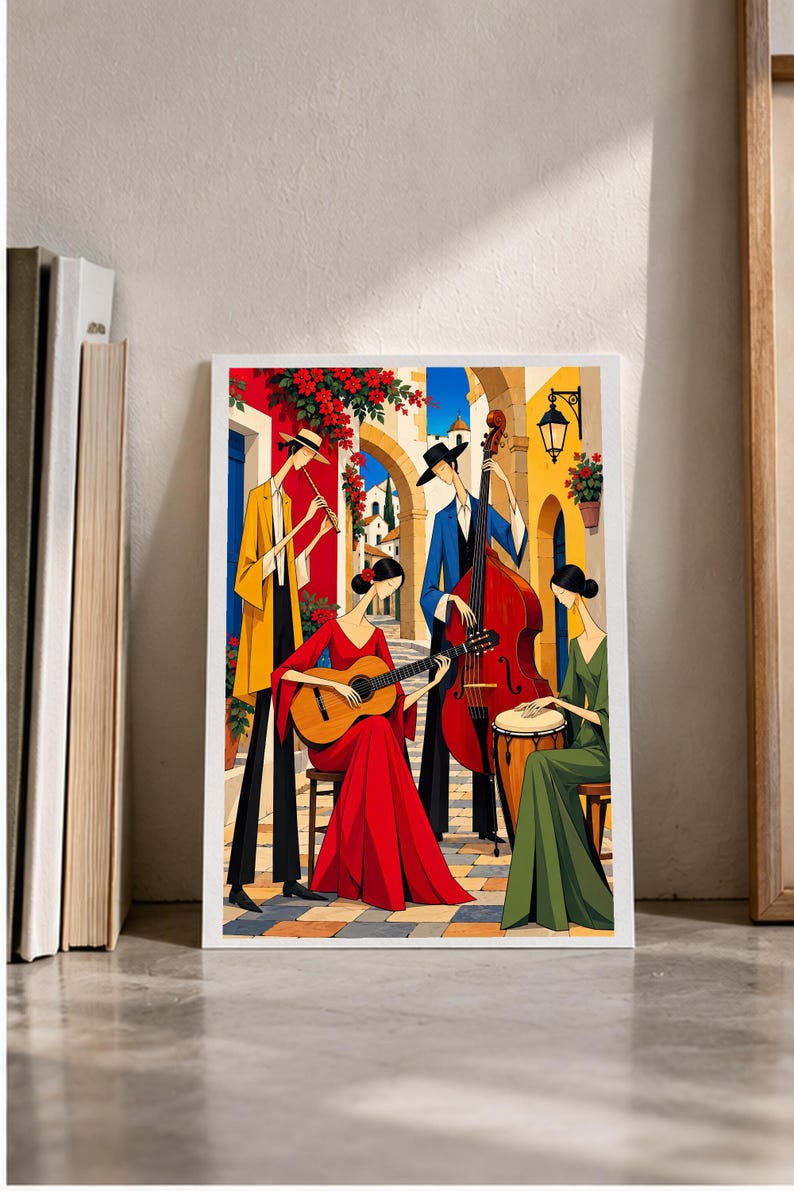 Musicians in a Mediterranean Courtyard — digital illustration shown as a display example. No physical item, frame or props included.
