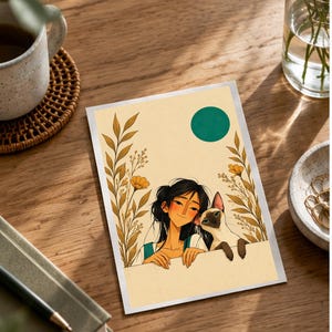 A Girl and Her Cat — digital illustration shown as a display example. No physical item, frame or props included.