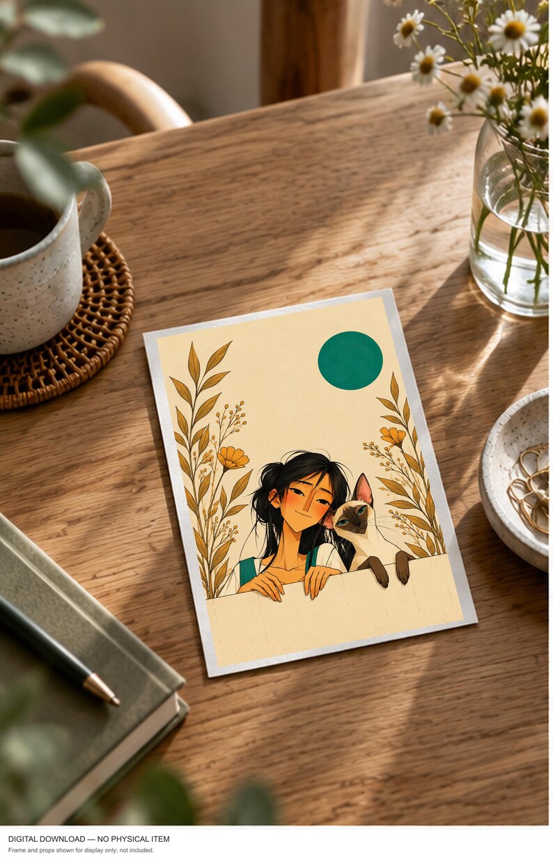 A Girl and Her Cat — digital illustration shown as a display example. No physical item, frame or props included.