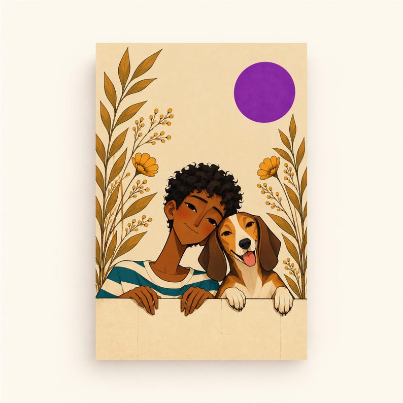 Puede incluir: Una ilustraci&oacute;n digital que muestra a una persona de cabello rizado oscuro con una camiseta de rayas azules y blancas junto a un perro beagle marr&oacute;n y blanco. Est&aacute;n enmarcados por tallos bot&aacute;nicos dorados y un c&iacute;rculo morado.