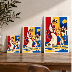 Man Dancing With Dog — digital illustration shown as a display example. No physical item, frame or props included.