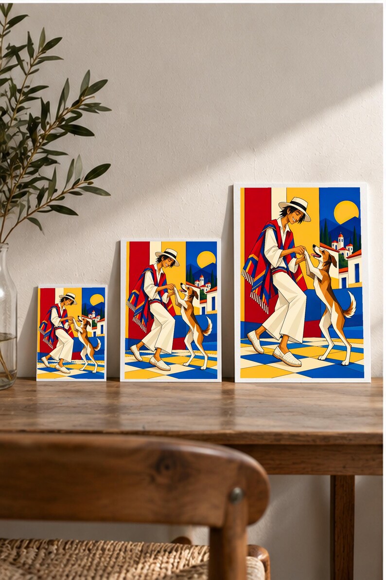 Man Dancing With Dog — digital illustration shown as a display example. No physical item, frame or props included.