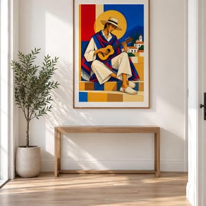 Guitarist Under the Mediterranean Sun — unframed fine art print. Frames and room accessories are not included.