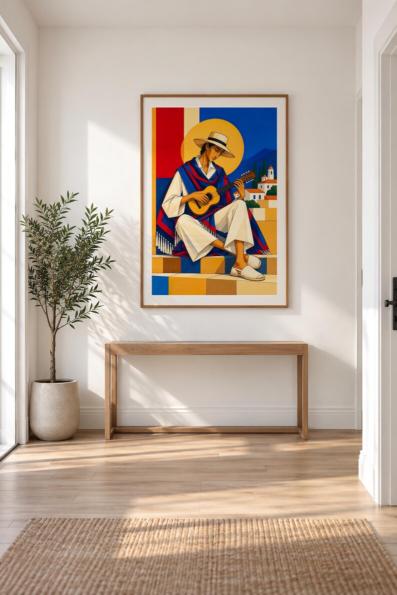 Guitarist Under the Mediterranean Sun — unframed fine art print. Frames and room accessories are not included.