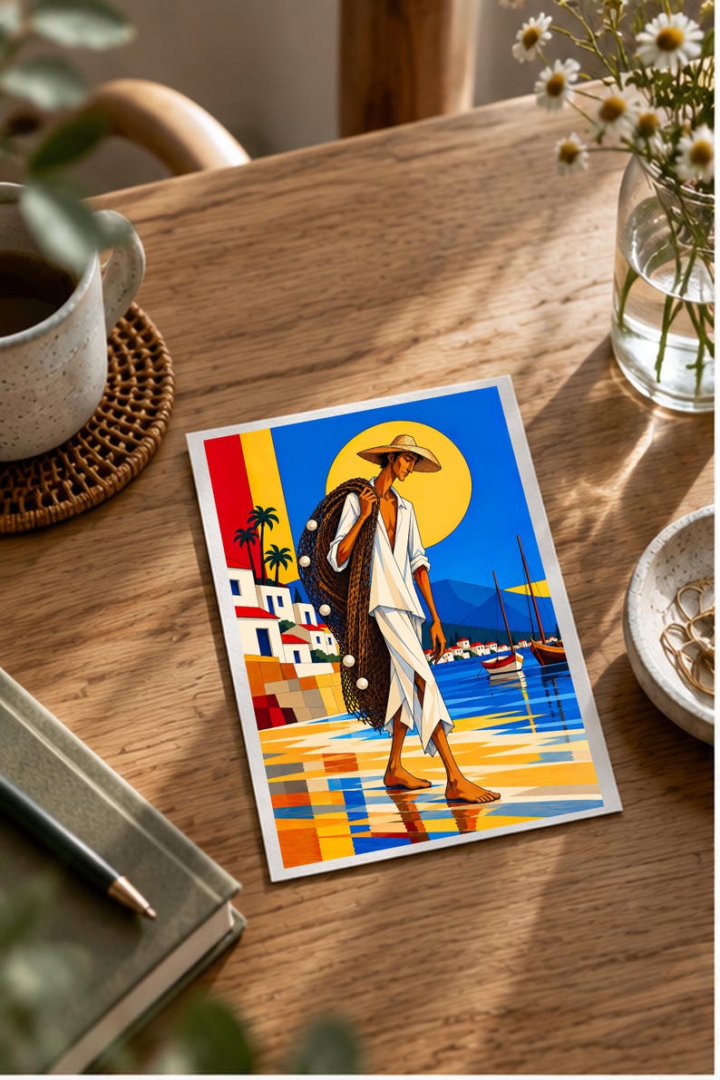 Fisherman by the Mediterranean Sea — digital illustration shown as a display example. No physical item, frame or props included.
