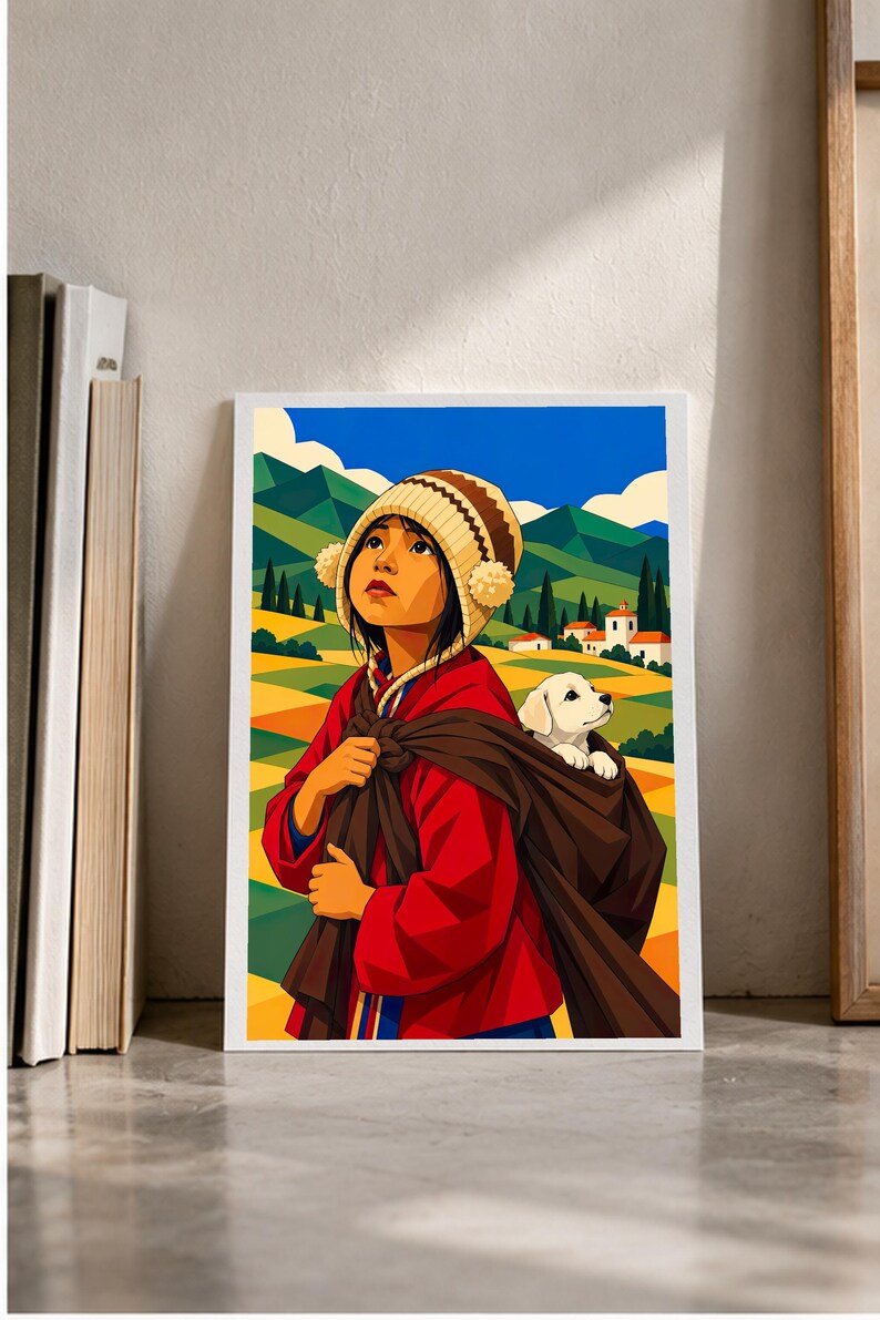 Boy Carrying a Puppy — digital illustration shown as a display example. No physical item, frame or props included.