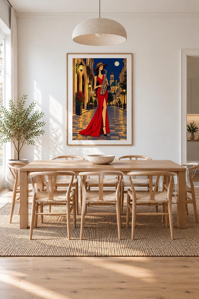 Saxophonist Under the Moon — unframed fine art print. Frames and room accessories are not included.