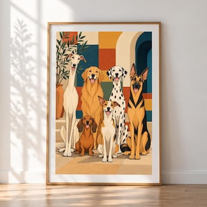 Kunstdruck „Sechs Hunde in einem mediterranen Innenhof“, 40 x 60 cm, ungerahmt, zeitgenössische Kunst von Zhydora Bild 1