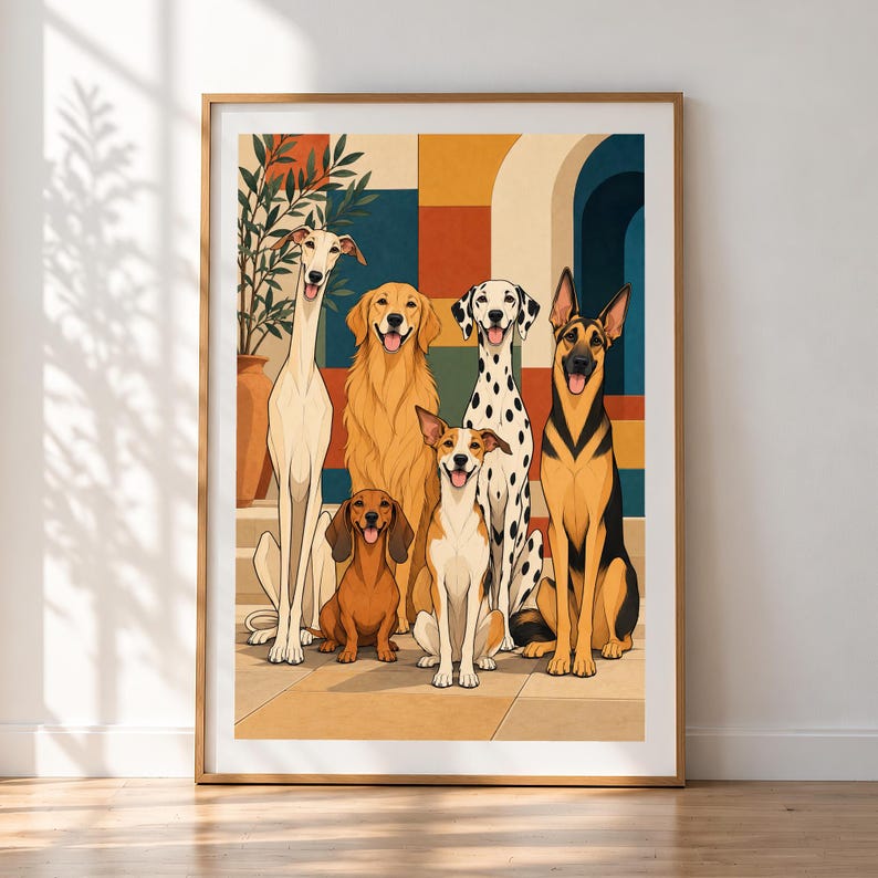 Kunstdruck „Sechs Hunde in einem mediterranen Innenhof“, 40 x 60 cm, ungerahmt, zeitgenössische Kunst von Zhydora Bild 1