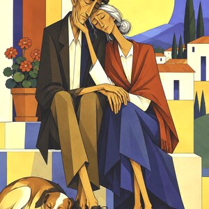 May include: A digital illustration of two older individuals sitting together on steps. One wears a dark jacket, tan trousers, and a cap; the other wears a white shirt, blue skirt, and red shawl. A brown and white dog sleeps at their feet near a potted plant.