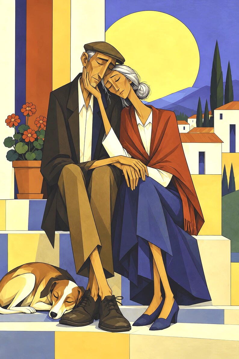 May include: A digital illustration of two older individuals sitting together on steps. One wears a dark jacket, tan trousers, and a cap; the other wears a white shirt, blue skirt, and red shawl. A brown and white dog sleeps at their feet near a potted plant.