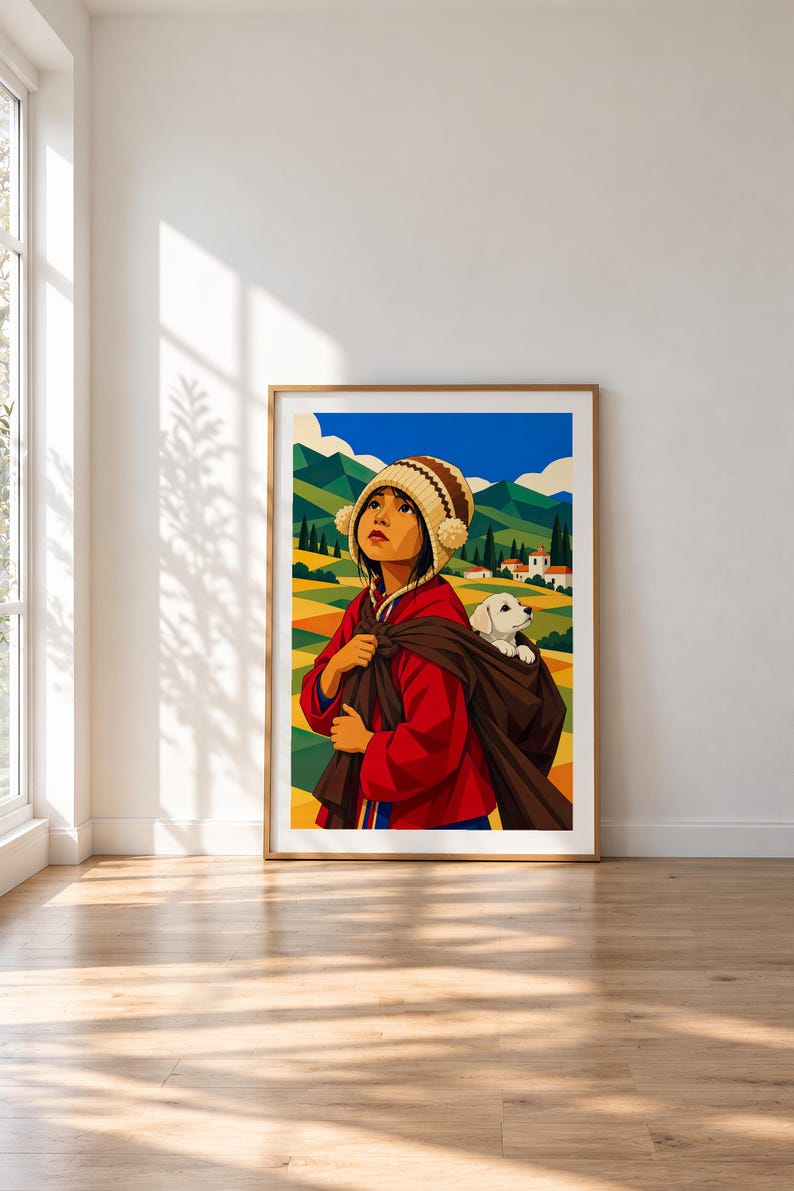 Boy Carrying a Puppy — unframed fine art print. Frames and room accessories are not included.