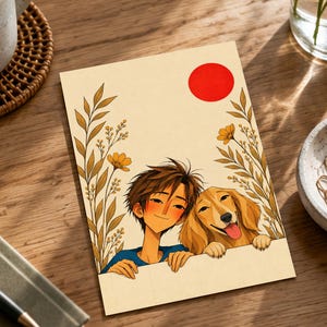 May include: A rectangular print featuring an illustration of a person with brown hair and a golden dog side by side. They are framed by golden-brown botanical stems and a solid red circle against a cream background. The art style is flat.