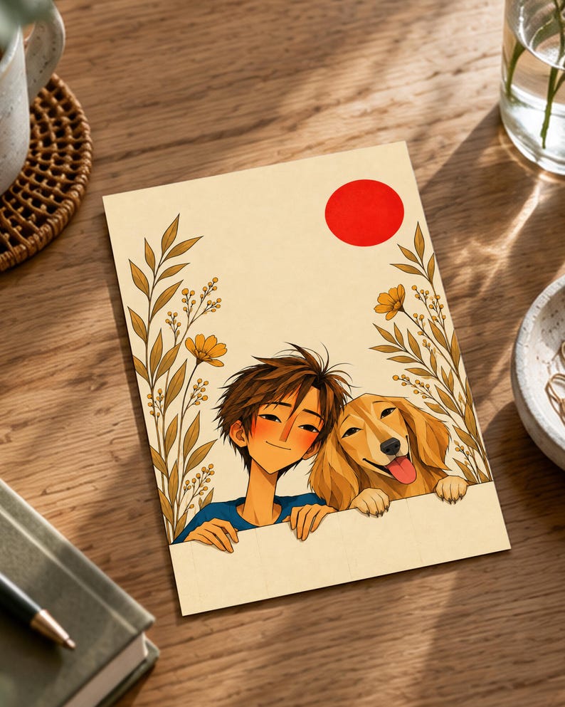 May include: A rectangular print featuring an illustration of a person with brown hair and a golden dog side by side. They are framed by golden-brown botanical stems and a solid red circle against a cream background. The art style is flat.