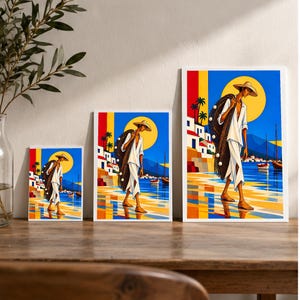 Fisherman by the Mediterranean Sea — digital illustration shown as a display example. No physical item, frame or props included.