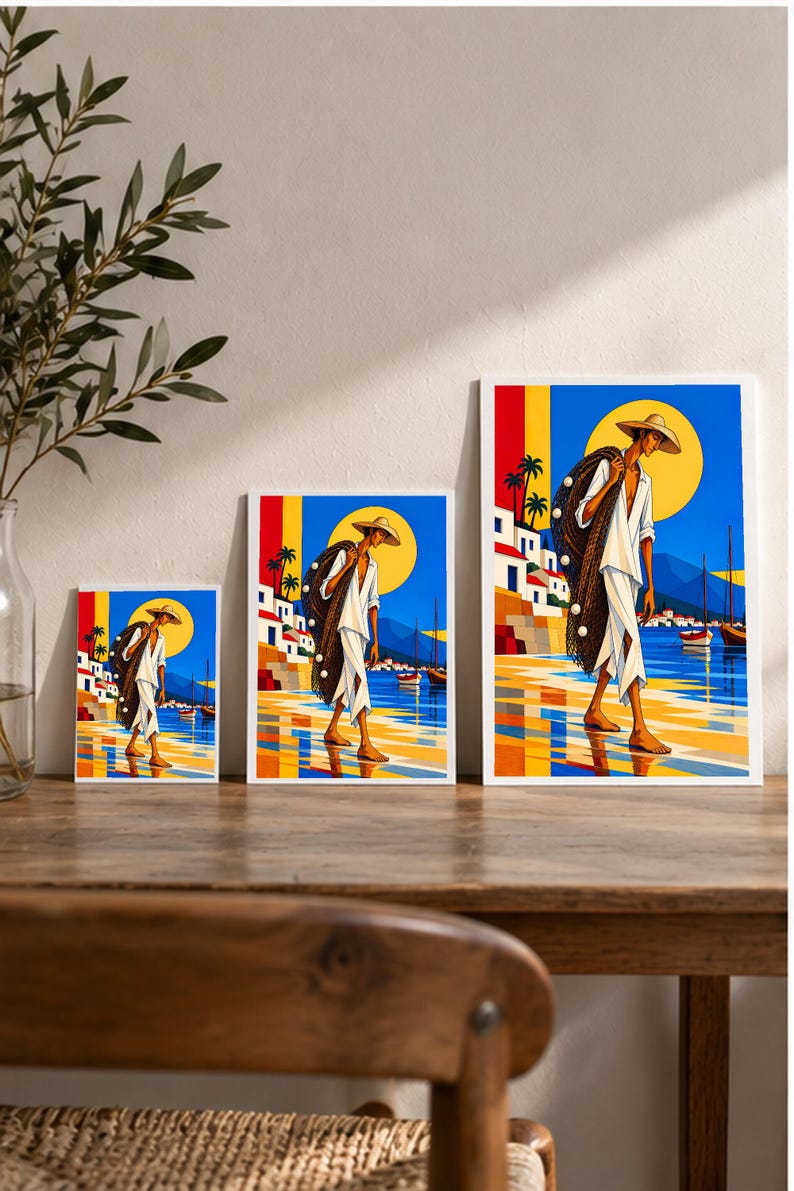 Fisherman by the Mediterranean Sea — digital illustration shown as a display example. No physical item, frame or props included.