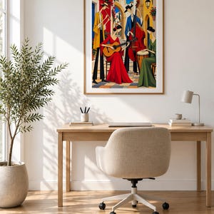 Musicians in a Mediterranean Courtyard — unframed fine art print. Frames and room accessories are not included.