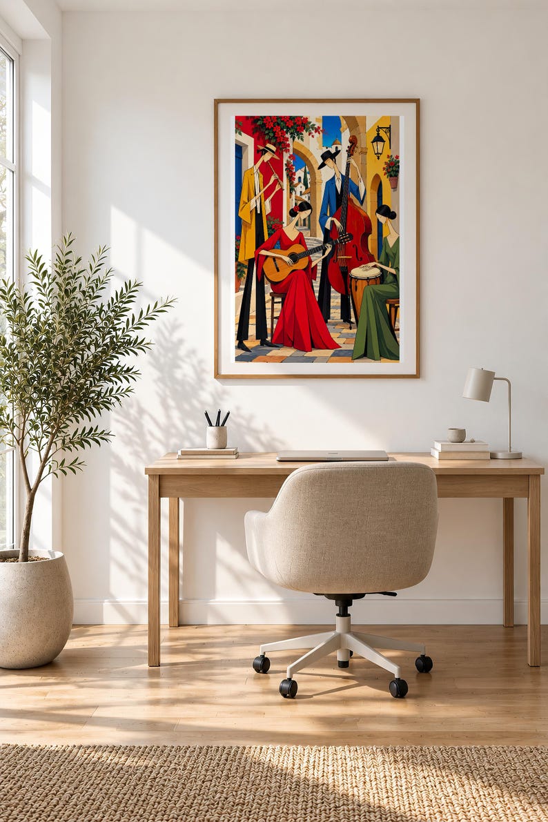 Musicians in a Mediterranean Courtyard — unframed fine art print. Frames and room accessories are not included.
