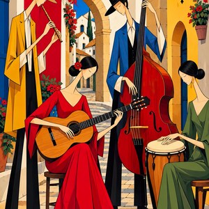 Musicians in a Mediterranean Courtyard — unframed fine art print. Frames and room accessories are not included.