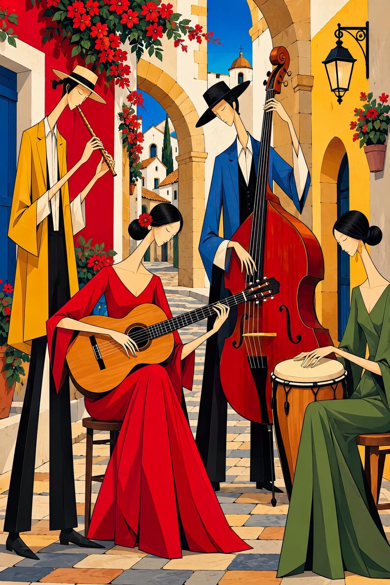 Musicians in a Mediterranean Courtyard — unframed fine art print. Frames and room accessories are not included.