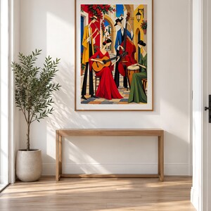 Musicians in a Mediterranean Courtyard — unframed fine art print. Frames and room accessories are not included.