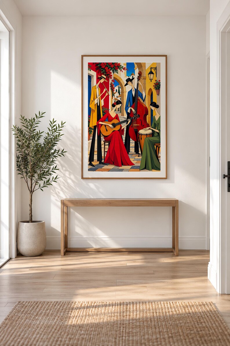 Musicians in a Mediterranean Courtyard — unframed fine art print. Frames and room accessories are not included.