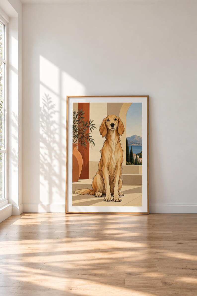 Mediterranean Golden Retriever — unframed fine art print. Frames and room accessories are not included.