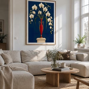 White Orchids in a Colorful Vase Art Print, 40x60 cm Unframed Wall Art, Contemporary Fine Art by Zhydora