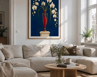 White Orchids in a Colorful Vase Art Print, 40x60 cm Unframed Wall Art, Contemporary Fine Art by Zhydora