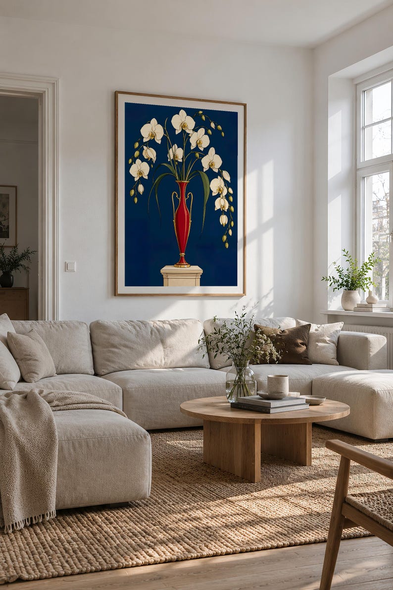 White Orchids in a Colourful Vase — unframed fine art print. Frames and room accessories are not included.