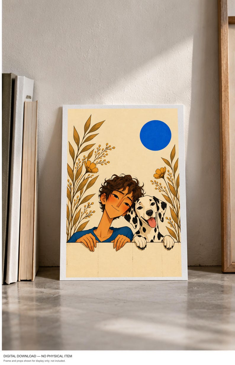 A Boy and His Dalmatian — digital illustration shown as a display example. No physical item, frame or props included.