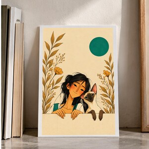 A Girl and Her Cat — digital illustration shown as a display example. No physical item, frame or props included.