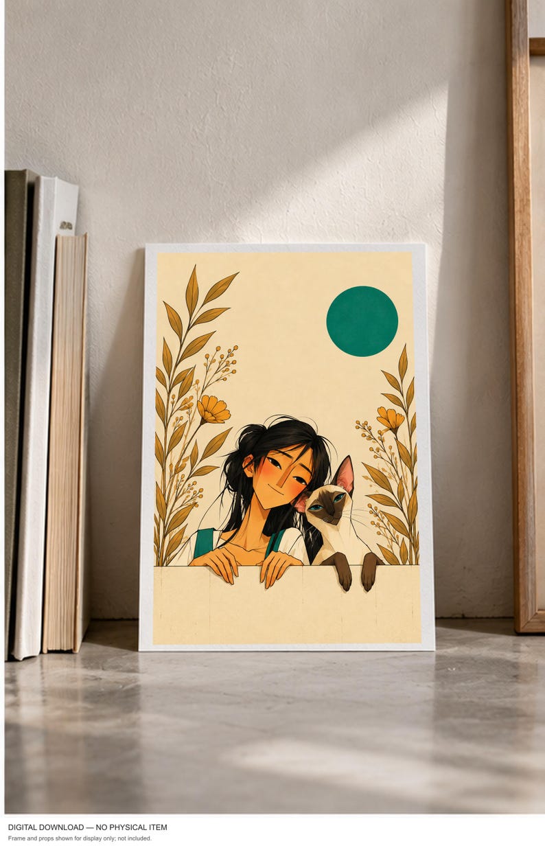A Girl and Her Cat — digital illustration shown as a display example. No physical item, frame or props included.