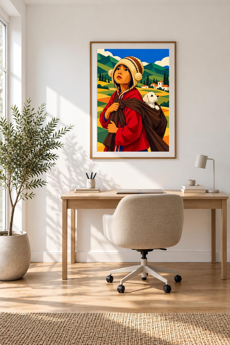 May include: A framed wall art print depicting a person wearing a red coat and a patterned knit hat with pom-poms, carrying a small white puppy in a brown fabric sling. The background shows a landscape with green hills, mountains, and a village.