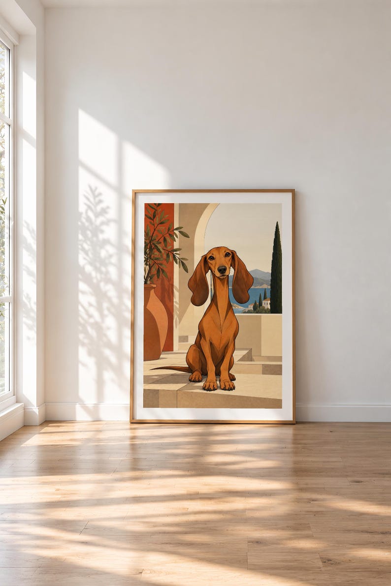 Mediterranean Dachshund — unframed fine art print. Frames and room accessories are not included.