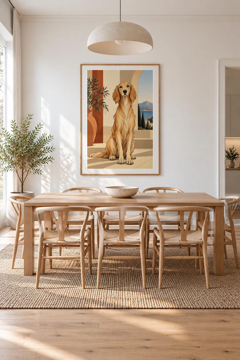 Mediterranean Golden Retriever — unframed fine art print. Frames and room accessories are not included.
